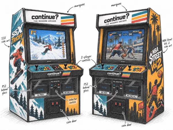 Small sketch of two more arcade cabinets, one winter-themed and one city-themed.