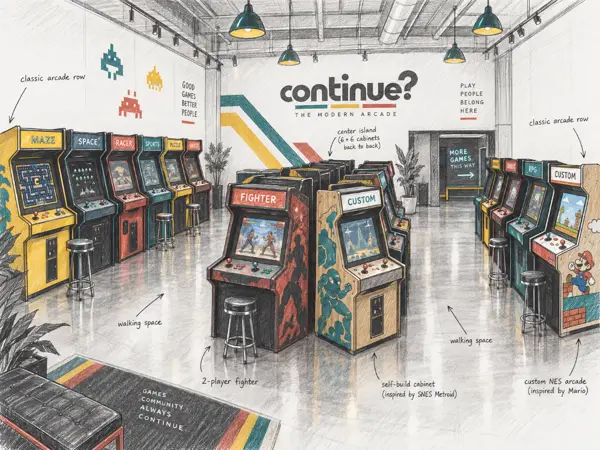 Small sketch of a hall of classic arcade cabinets with a two-player fighter in the middle.