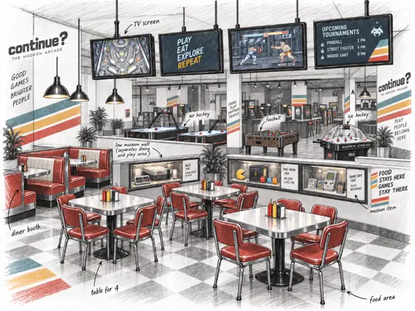 Small sketch of a diner with red booths, tables, and arcade games beyond a low wall.