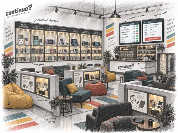 Small sketch of a lounge with lit shelves of handheld consoles and soft chairs.