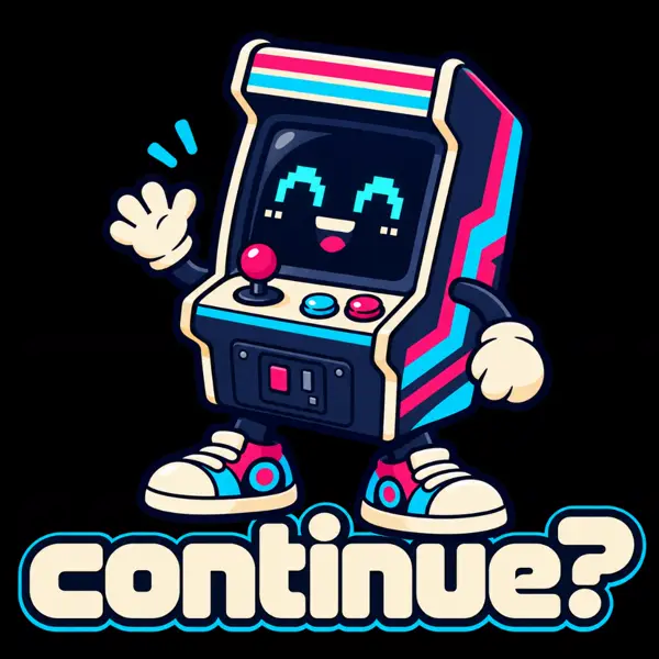 Small sketch of a waving arcade-cabinet character, the Continue? mascot.