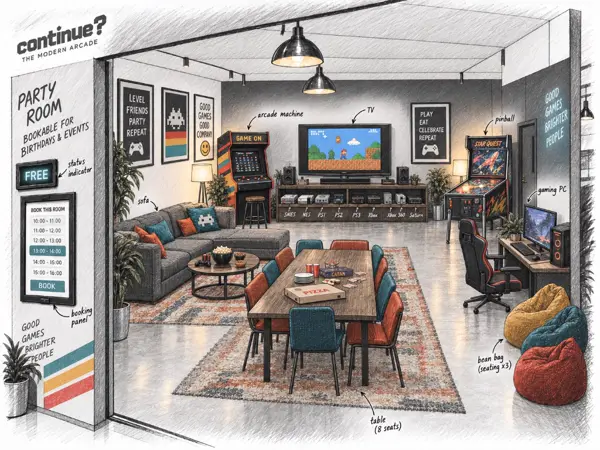 Small sketch of a party room with a sofa, a long table, an arcade cabinet, and a pinball machine.