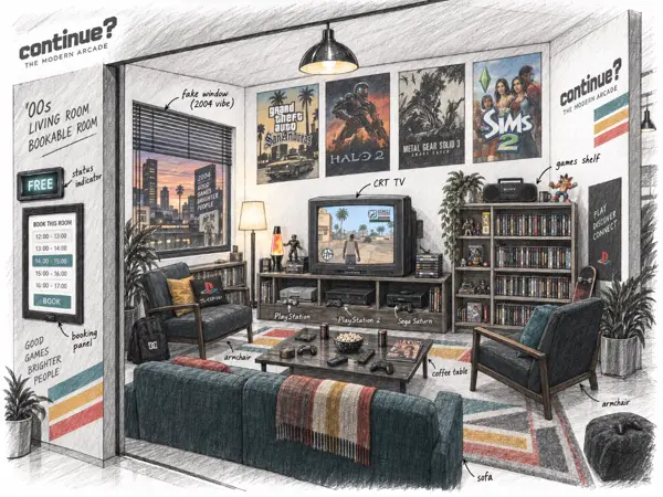 Small sketch of a 2000s living room with a CRT television, consoles, and posters.